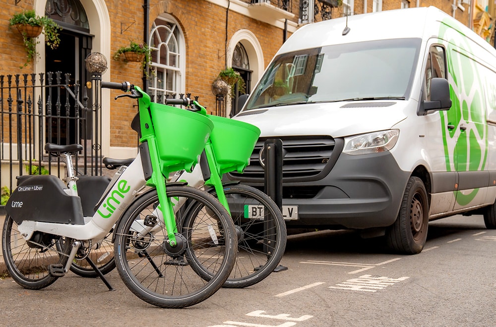 Lime bikes with Lime van in the background